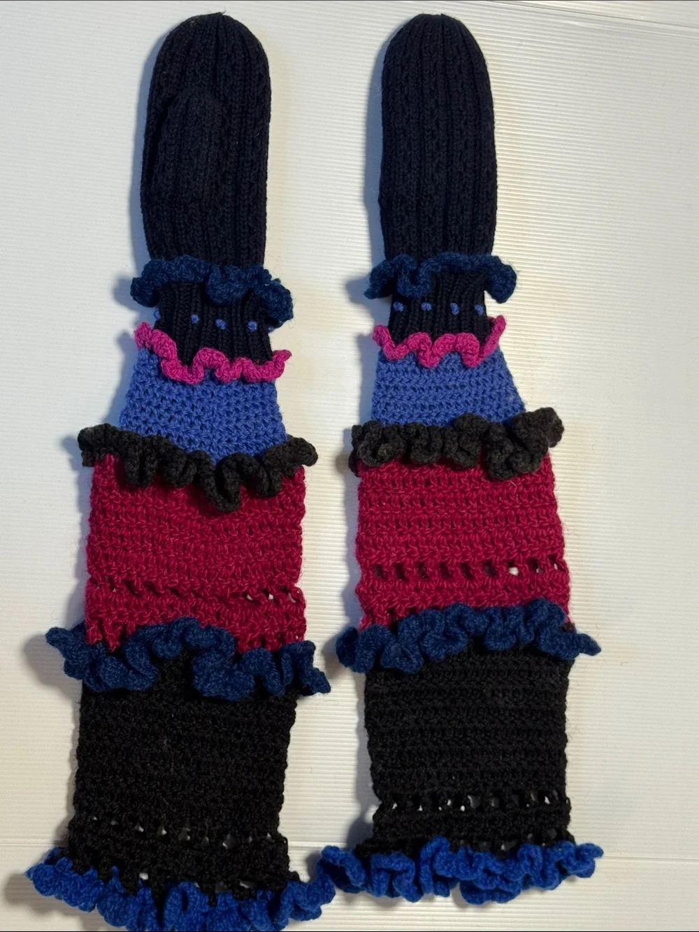 Handmade Mittens Ruffled Crochet Above Elbow Arm Warmers Black Blue Fuchsia